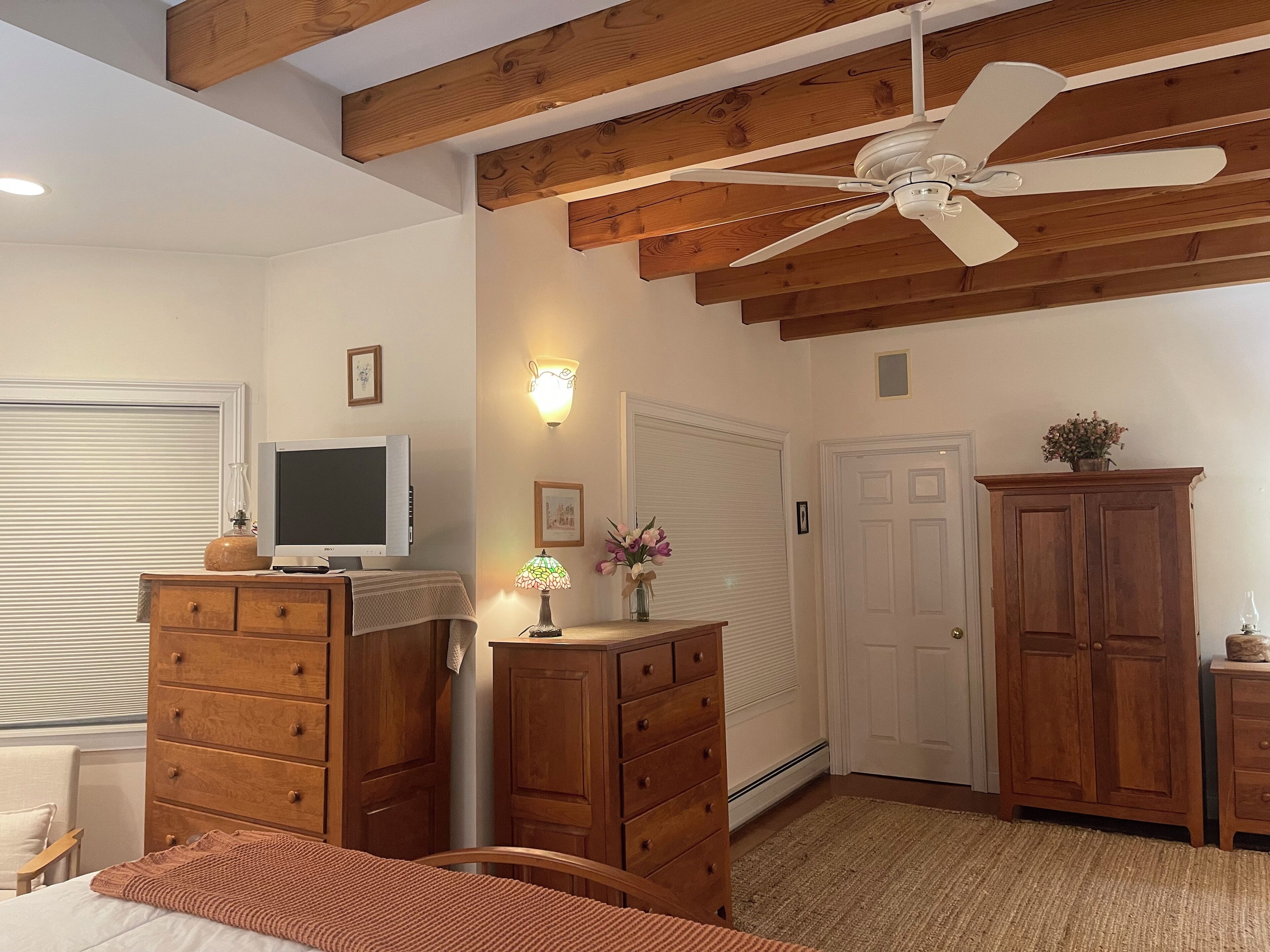 A bedroom with a bed, wooden dresser, TV, ceiling fan, and a door.