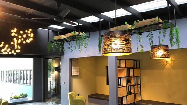 A modern lobby with hanging plants, a seating area, and a reception desk. - The Wood Boutique Hotel (Muar)