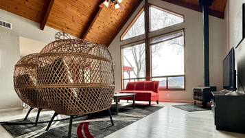 Smart TV, fireplace, books, stereo