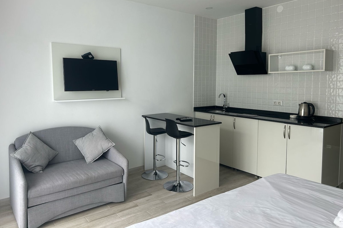Une chambre d’hôtel compacte avec un canapé gris, un petit coin bar avec des tabourets, un lit, une kitchenette dotée d’une hotte noire, et un téléviseur fixé au mur.