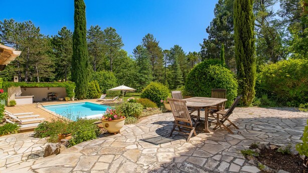 Une terrasse en pierre avec une piscine, du mobilier d’extérieur et un jardin agrémenté de grands arbres.