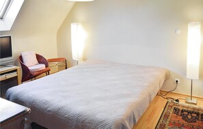Une chambre à coucher avec un grand lit, une télévision, une chaise et une lampe.