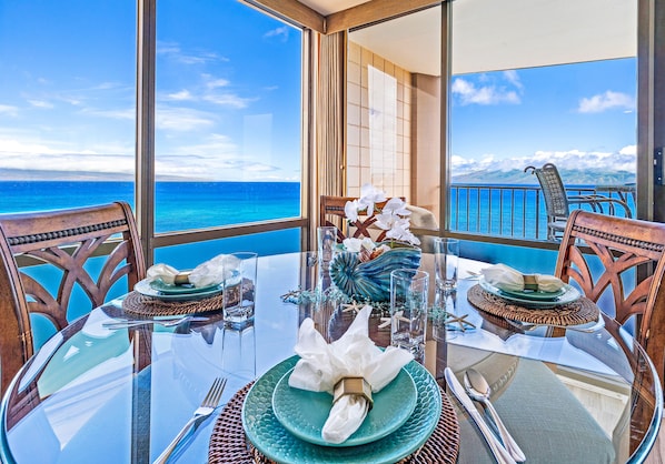 Enjoy a romantic meal for two with a breathtaking ocean view from this dining area.