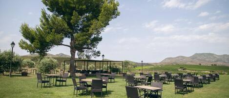 An outdoor seating area with tables and chairs, surrounded by grass and a large tree.