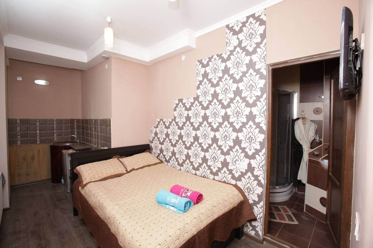 A hotel room with a bed, a shower, a sink, and a television.