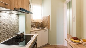 A compact kitchen with a stove, sink, and wooden cabinets. - Central Apartment near Acropolis (Athens)