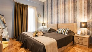 A bedroom with a wooden bed, a nightstand, a mirror, and a window with curtains. - Central Quiet Safe Apartment (Athens)