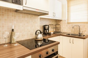 Apartment | Private kitchen | Full-size fridge, microwave, oven, stovetop