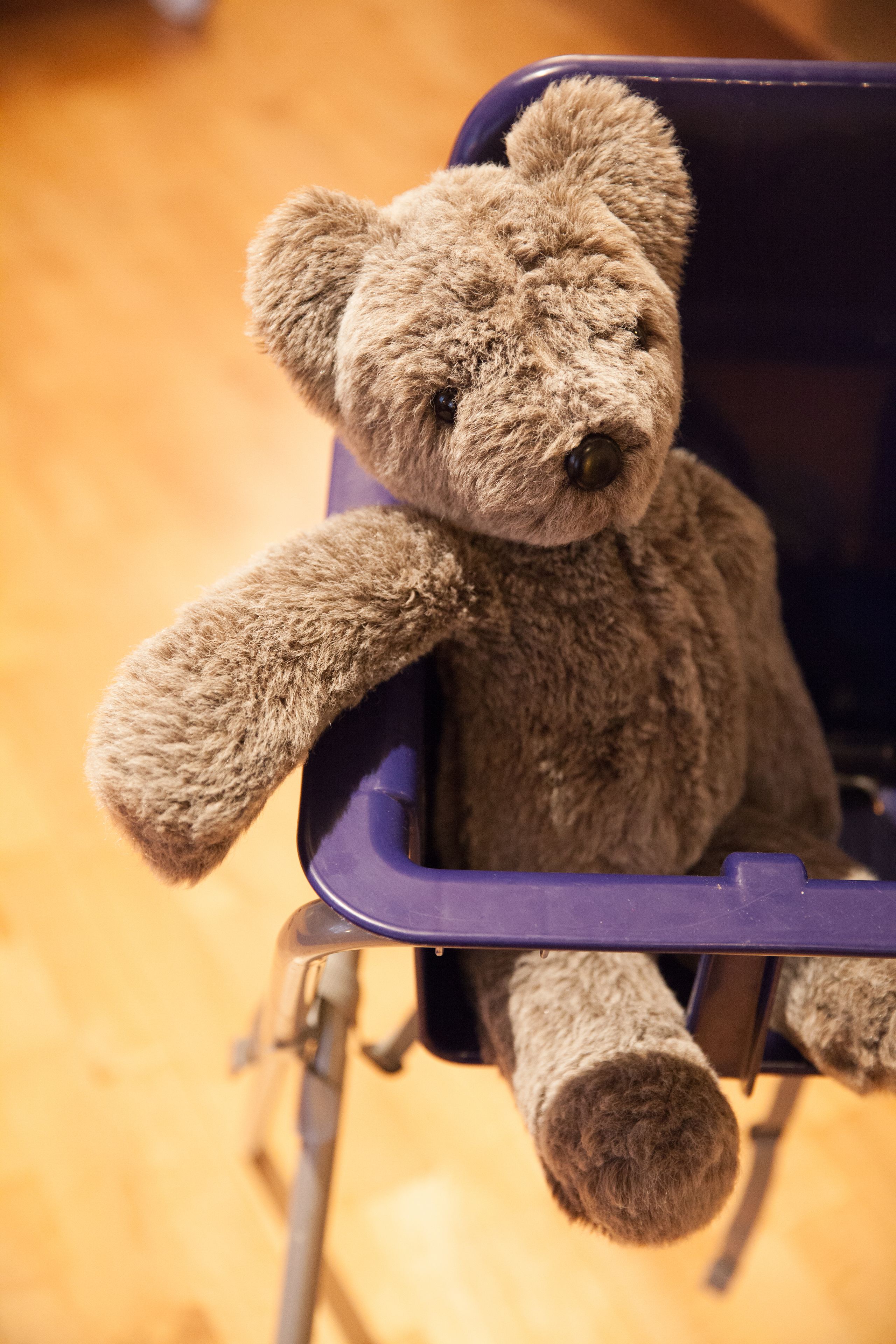 A teddy bear in a purple chair.