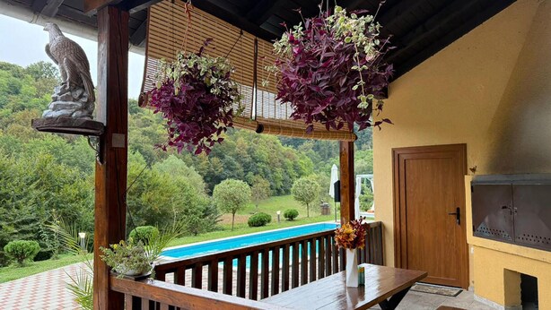 A wooden deck with hanging planters, a statue, and a view of a swimming pool and greenery.