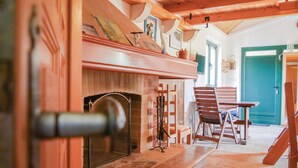 Une pièce chaleureuse avec une cheminée, des meubles en bois et une porte verte.