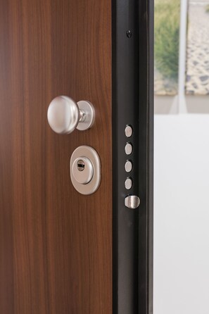 A door with a keyhole and a lock mechanism.