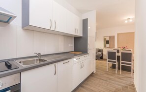 Fridge, stovetop, dishwasher, coffee/tea maker