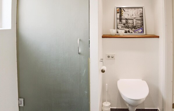 Une salle de bain avec des toilettes blanches, une porte en verre et un tableau encadré au mur.
