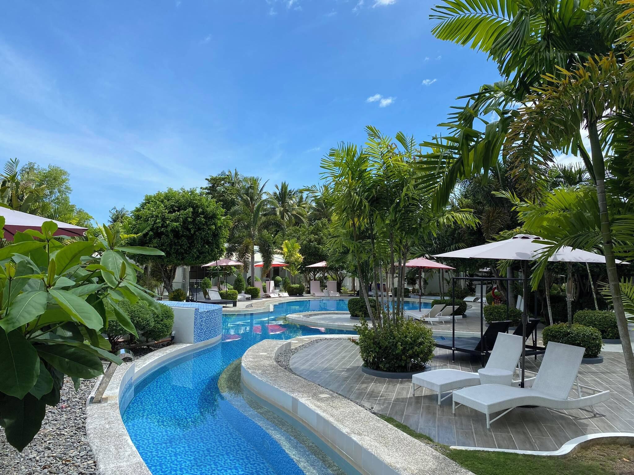 Outdoor pool, pool umbrellas, sun loungers