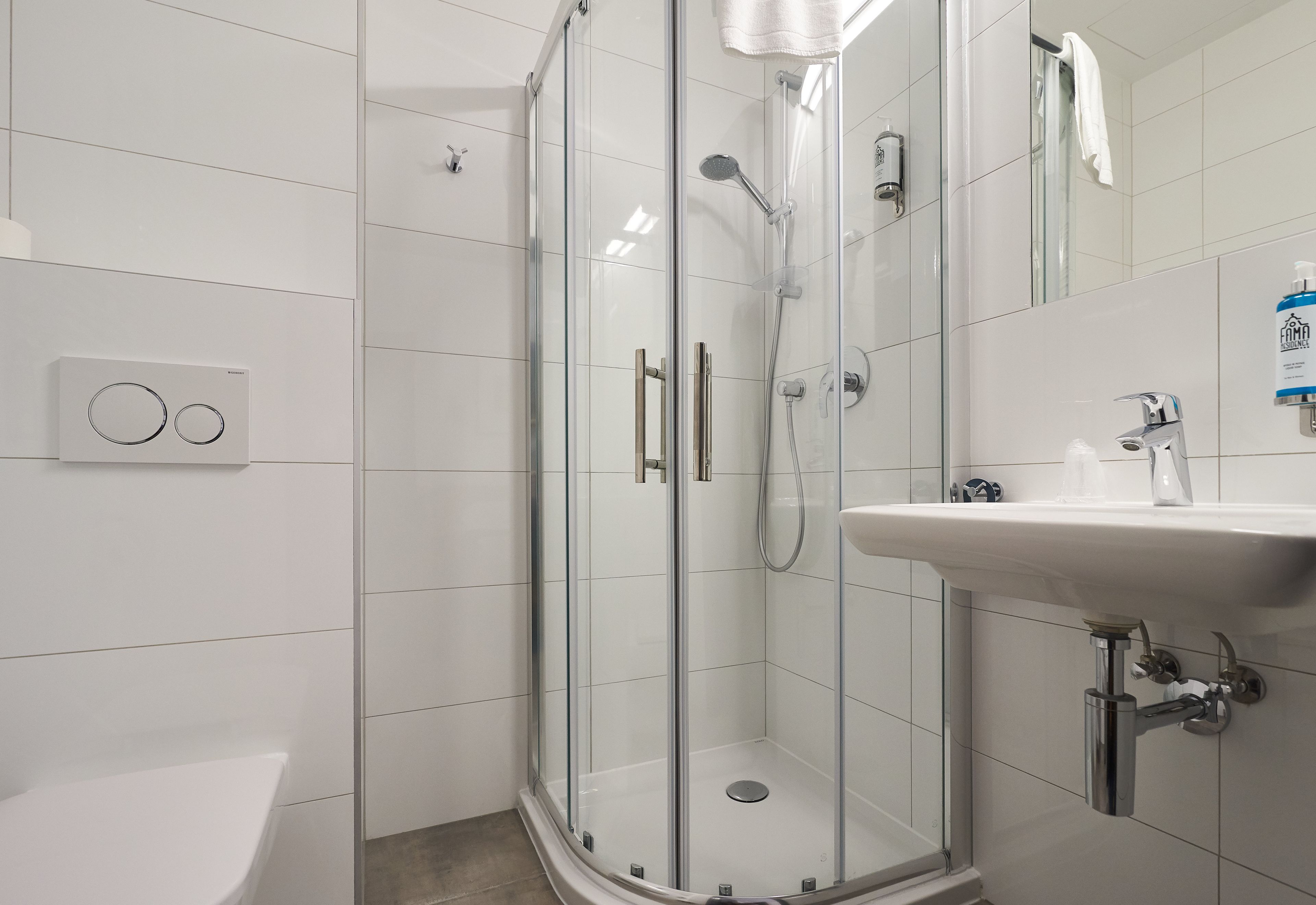 A modern bathroom with a glass-enclosed shower, a white sink, and a toilet.