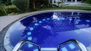 En tydlig vy över en swimmingpool med en metallstege som leder ner i den, omgiven av en stenlagd terrass och grönska.