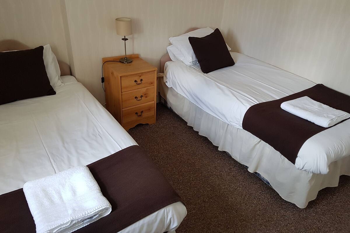 A hotel room with two single beds, each with a white comforter and a brown throw blanket. There is a wooden nightstand with a lamp between the beds.