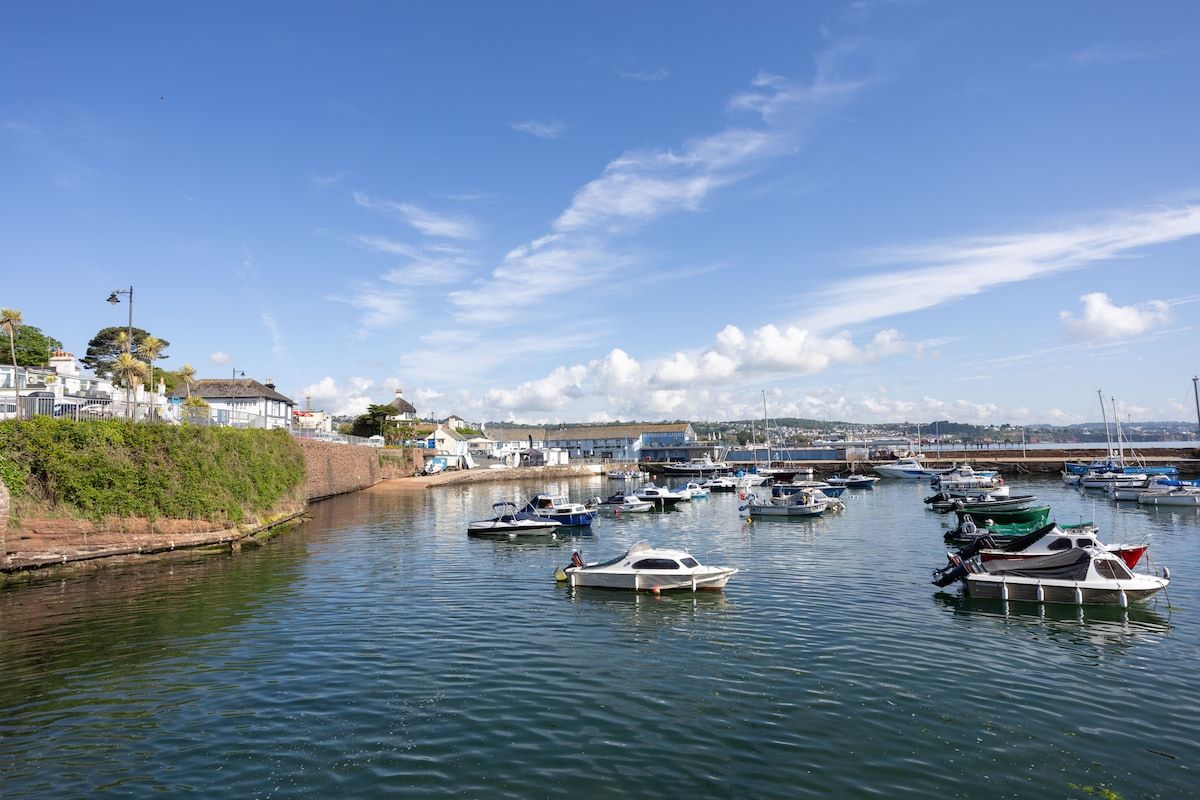 A marina with boats docked along the waterfront, a clear sky, and buildings in the background.