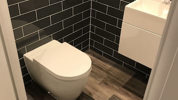 Een kleine badkamer met zwart betegelde wanden, een wit toilet en een witte wastafel.