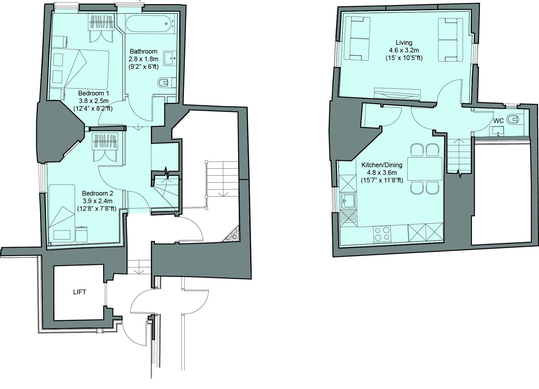 A floor plan of a hotel with two bedrooms, a bathroom, a living room, a kitchen/dining area, and a lift.