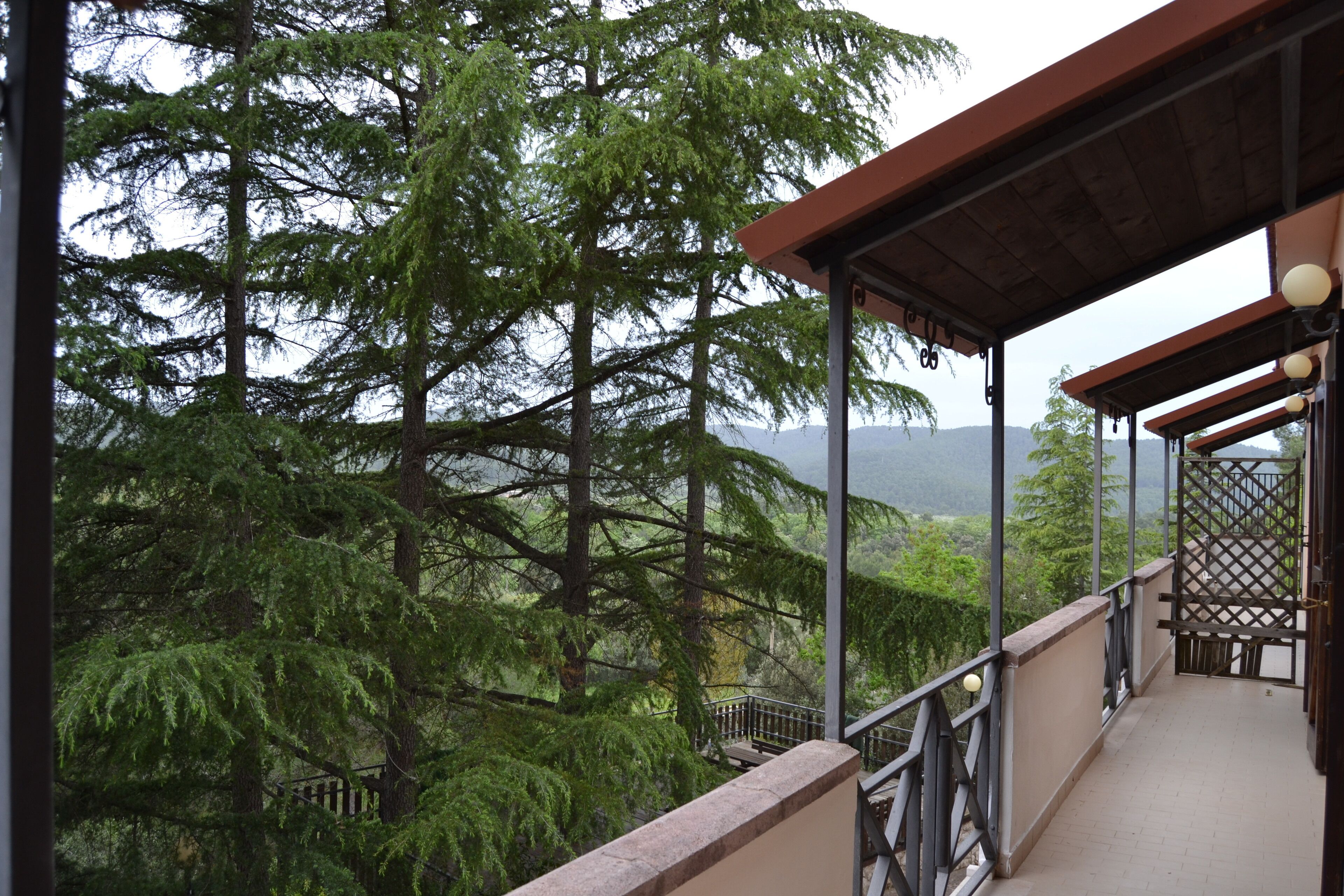 A balcony with a view of tall trees and distant mountains.