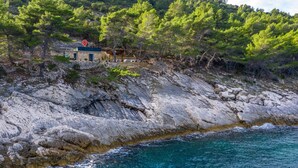 A coastal building with a stone facade, surrounded by dense pine trees and rocky cliffs. - Beach front studio in Poljica with WiFi (Poljica)