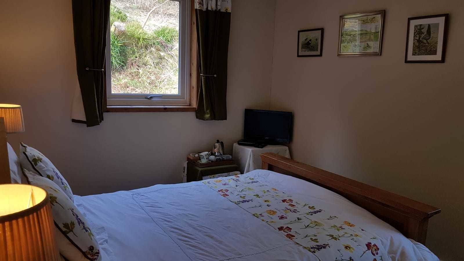 A bedroom with a bed, a bedside table with a lamp, a TV, and a window with curtains.