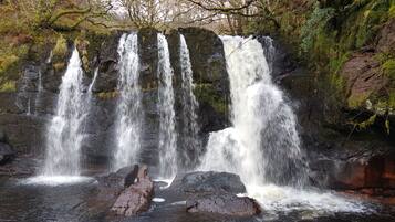 A waterfall with multiple streams cascading over rocks, surrounded by mossy vegetation.