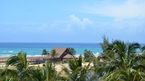 A beachfront property with a prominent house, palm trees, and a view of the ocean. - Gin and Jack Beach House (Inhambane)