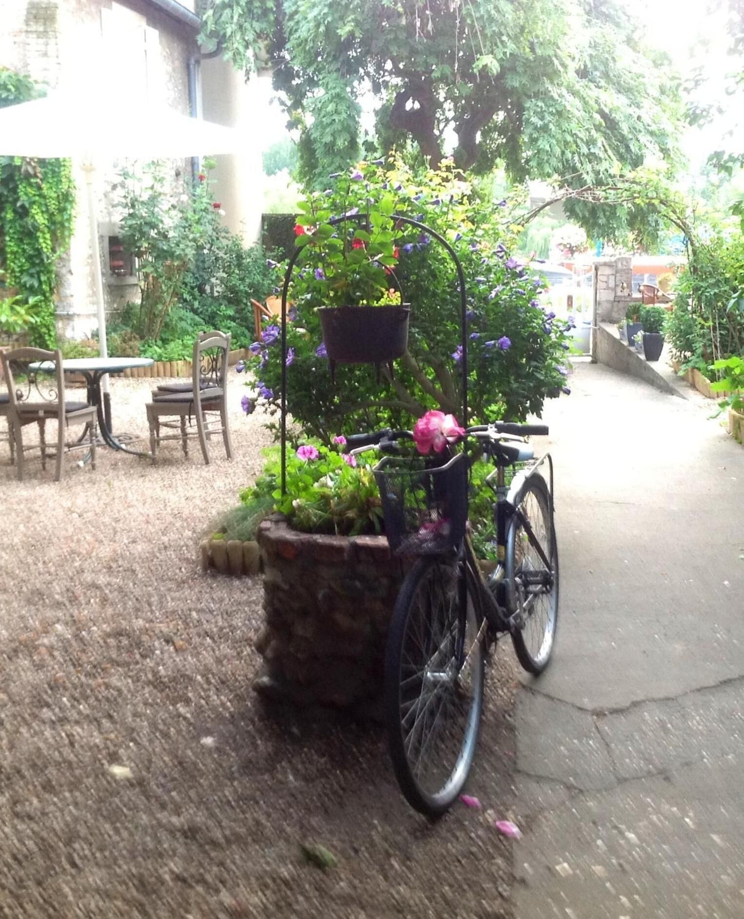 Un vélo avec un panier et un jardinière contenant des fleurs et des plantes.