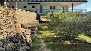 A modern house with a stone retaining wall, a metal roof, and a garden with various plants.