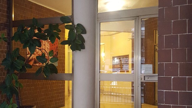A building entrance with a glass door, a potted plant, and a number sign '37' on the wall. - Trastevere Sweet Rest (Rome)