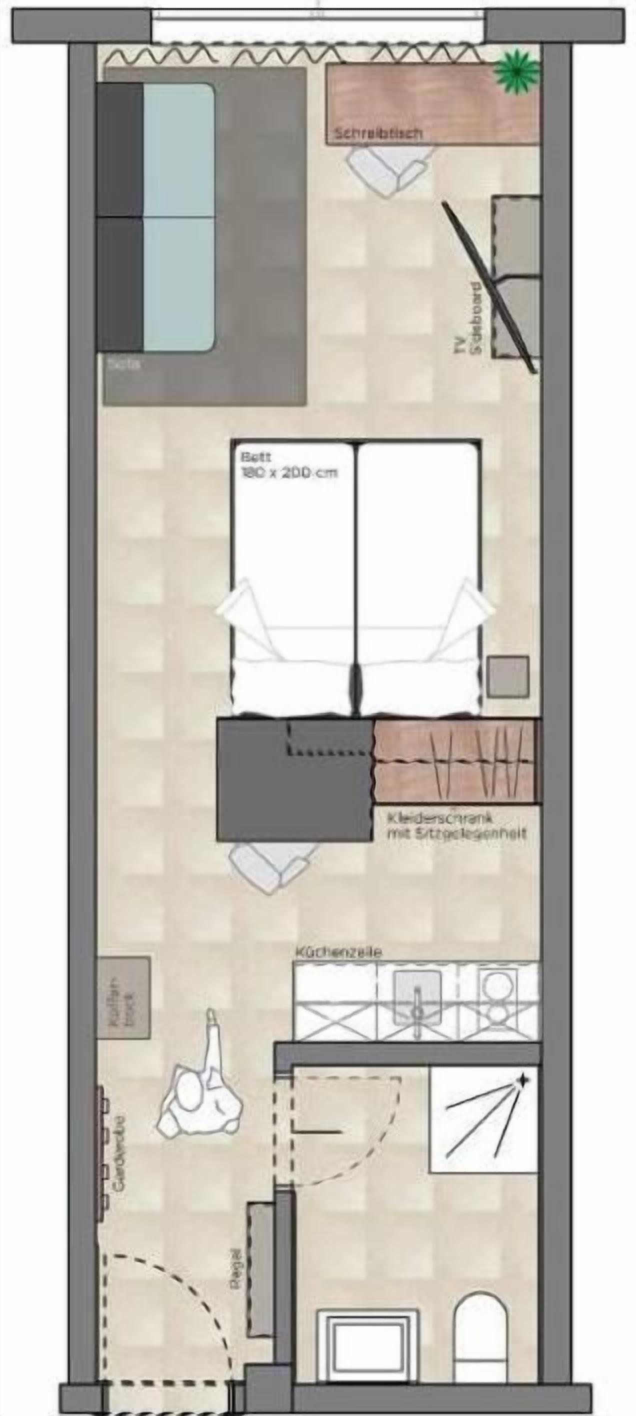Distribución de una habitación de hotel con cama, zona de estar, kitchenette y baño.