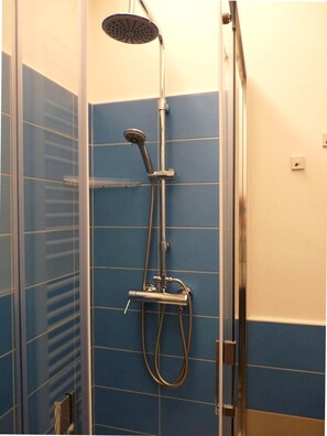 Shower, free toiletries, bidet, towels