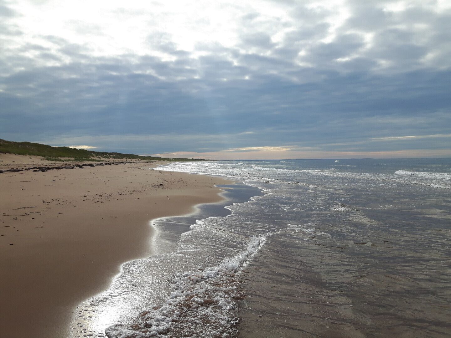 Una playa con una extensa orilla de arena y olas suaves.