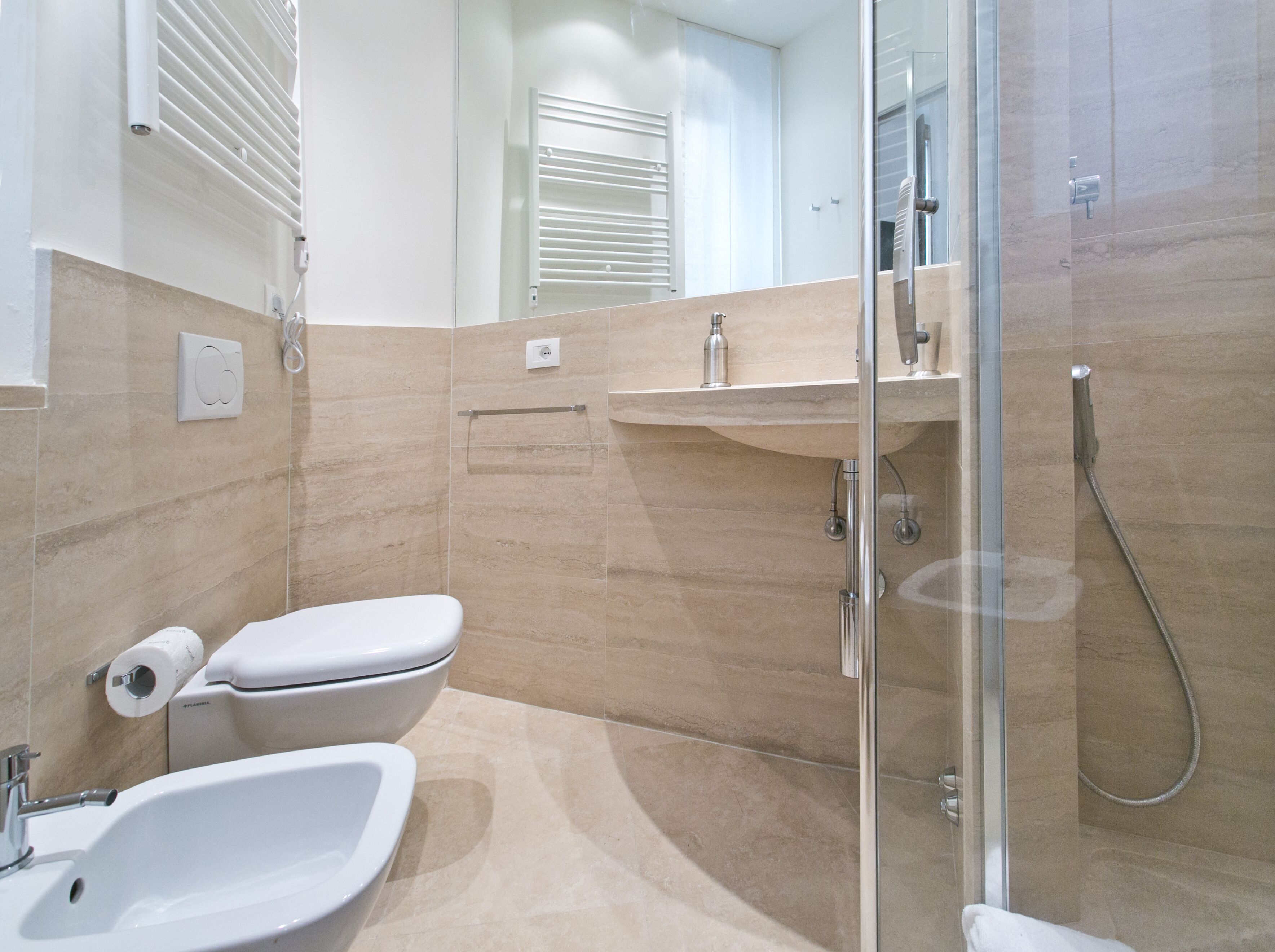 Hair dryer, towels, soap, toilet paper