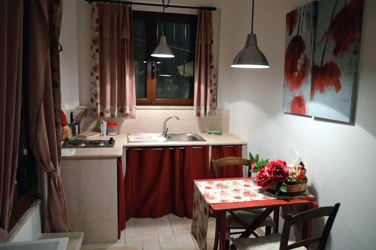 Frigorífico, placa de cocina, hervidor eléctrico y utensilios de cocina