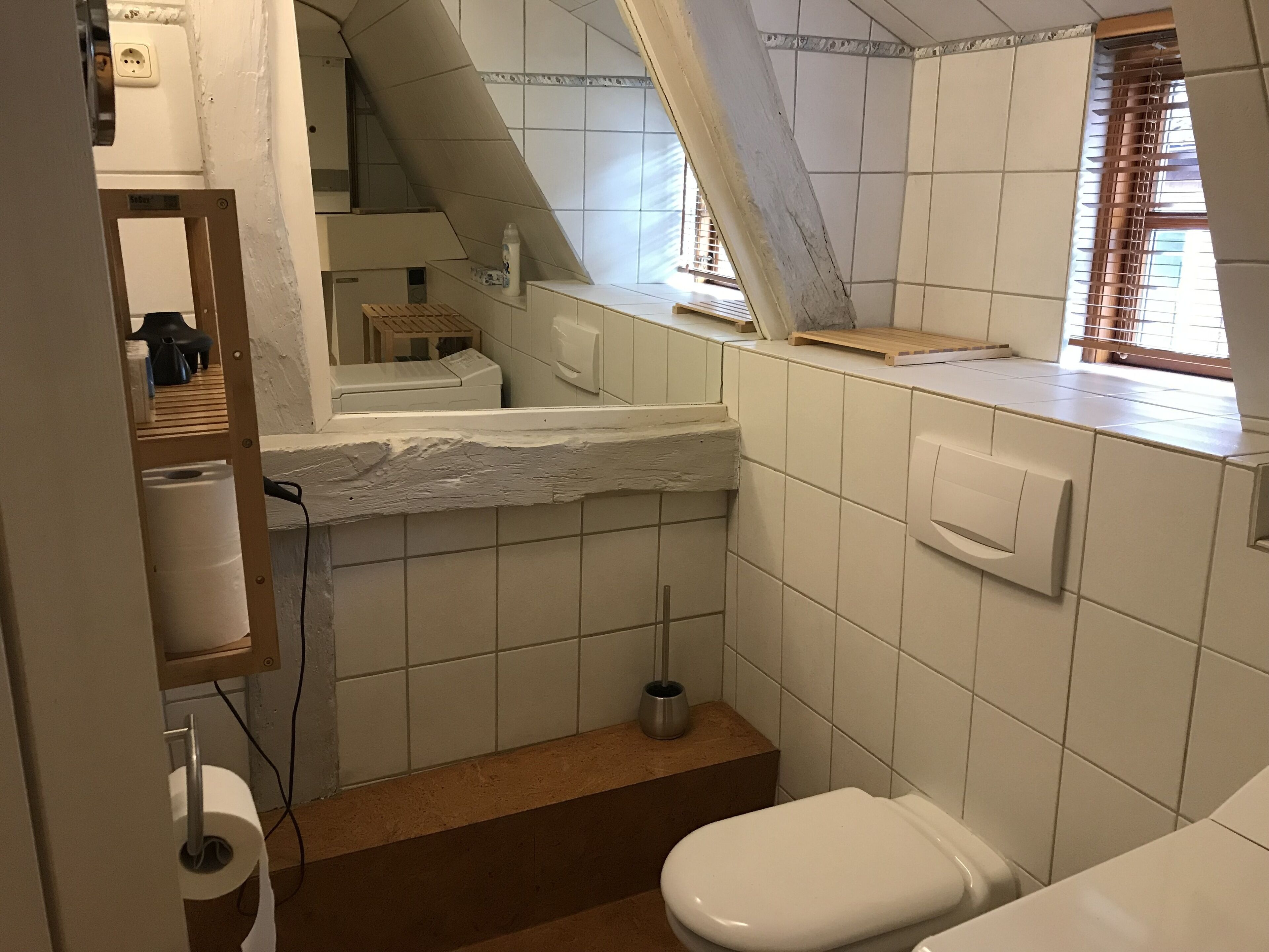 Shower, hair dryer, towels, toilet paper