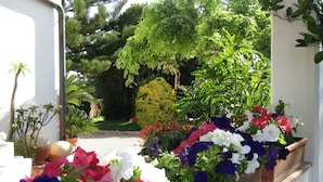 A garden with various plants and flowers, a white wall, and a wooden bench.
