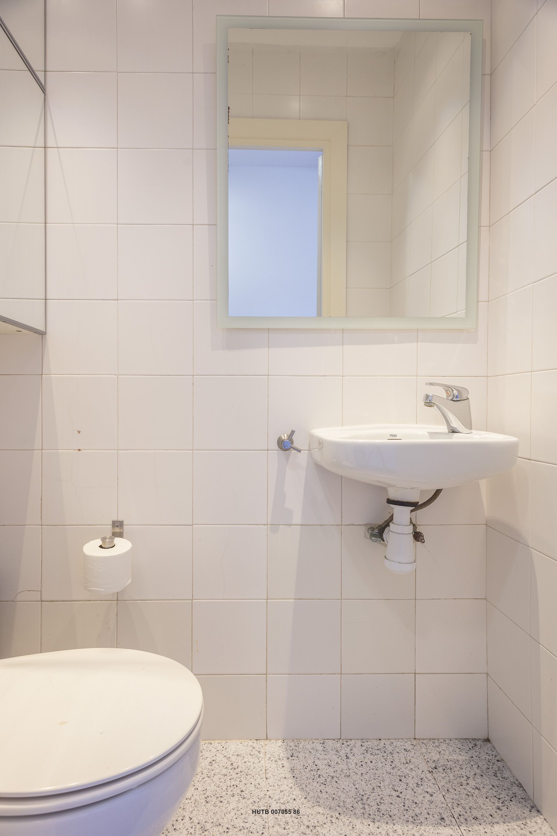 A bathroom with a white sink, a mirror, and a toilet.