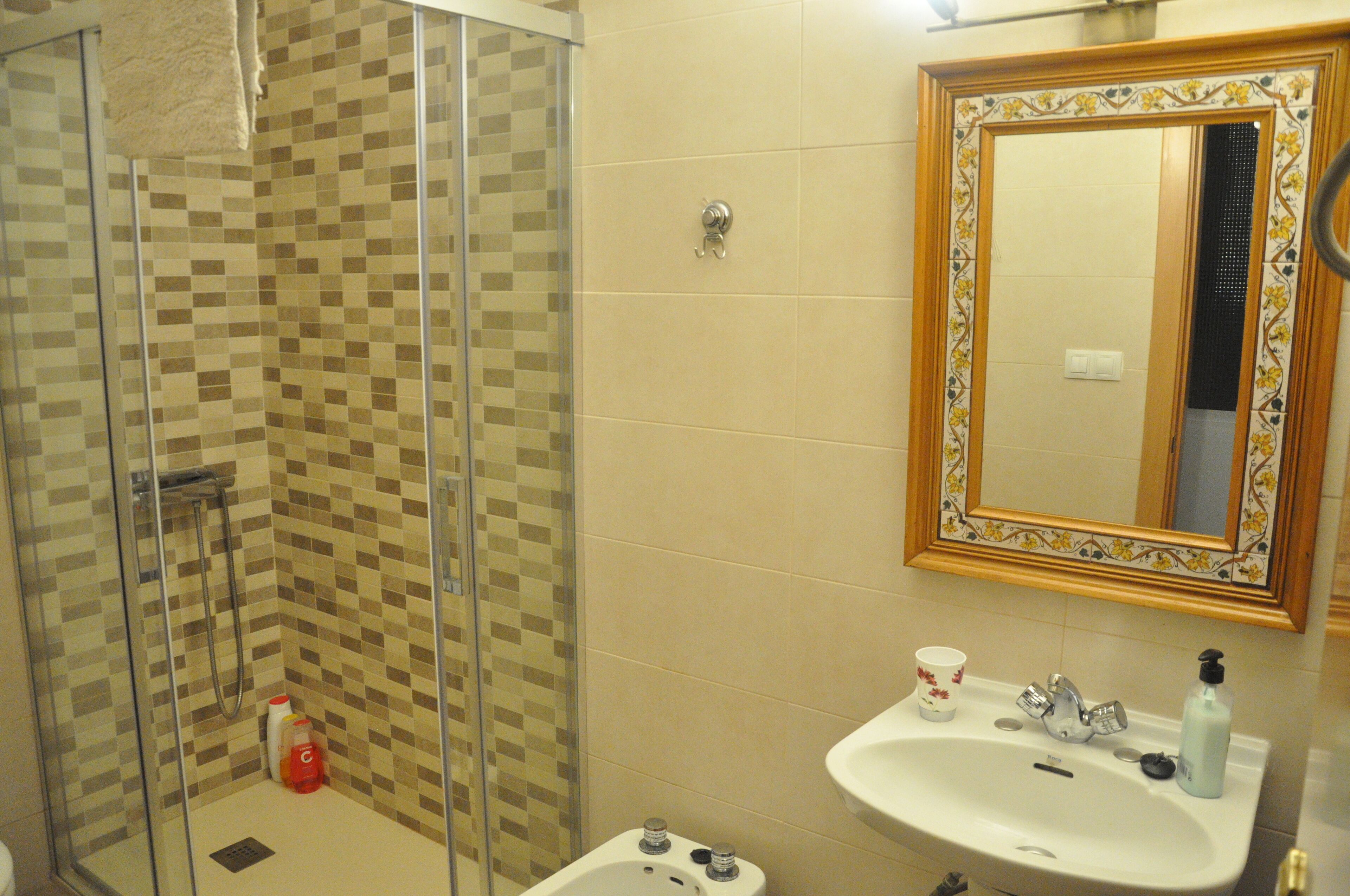 Een douche, een haardroger, een bidet, handdoeken