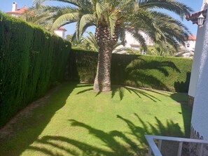 A well-maintained garden with a palm tree, neatly trimmed hedges, and a clear pathway. - Charming detached house with private pool in Miami Playa (Mont-roig del Camp)