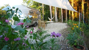 A campsite with a camper van, a table, and a hammock under a shade sail. - Vacation home, great views, billiards, large spaces (Manses)