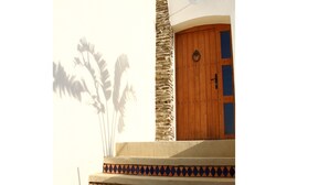 A set of outdoor steps leading to a wooden door with a stone wall on one side. - Asinerie Kuleni (Ponteilla)
