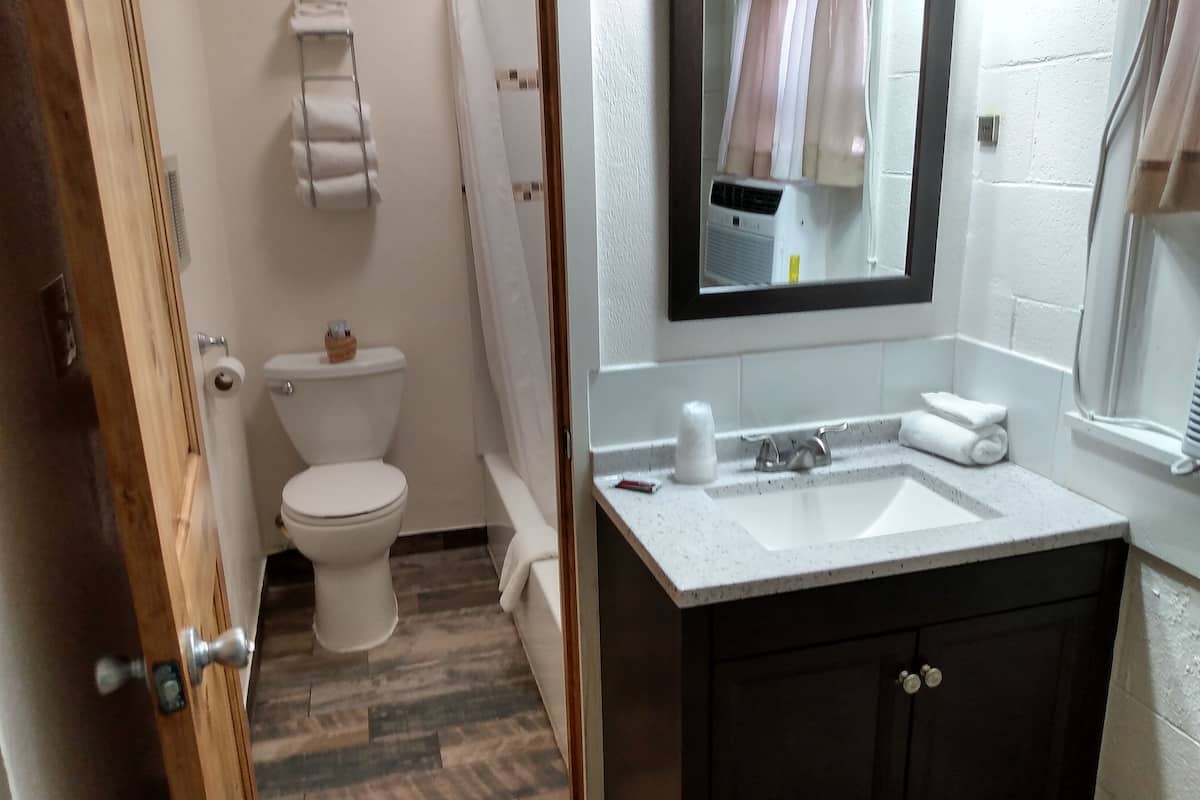 basic single room, 1 queen bed, non smoking | bathroom | combined shower/bathtub, towels