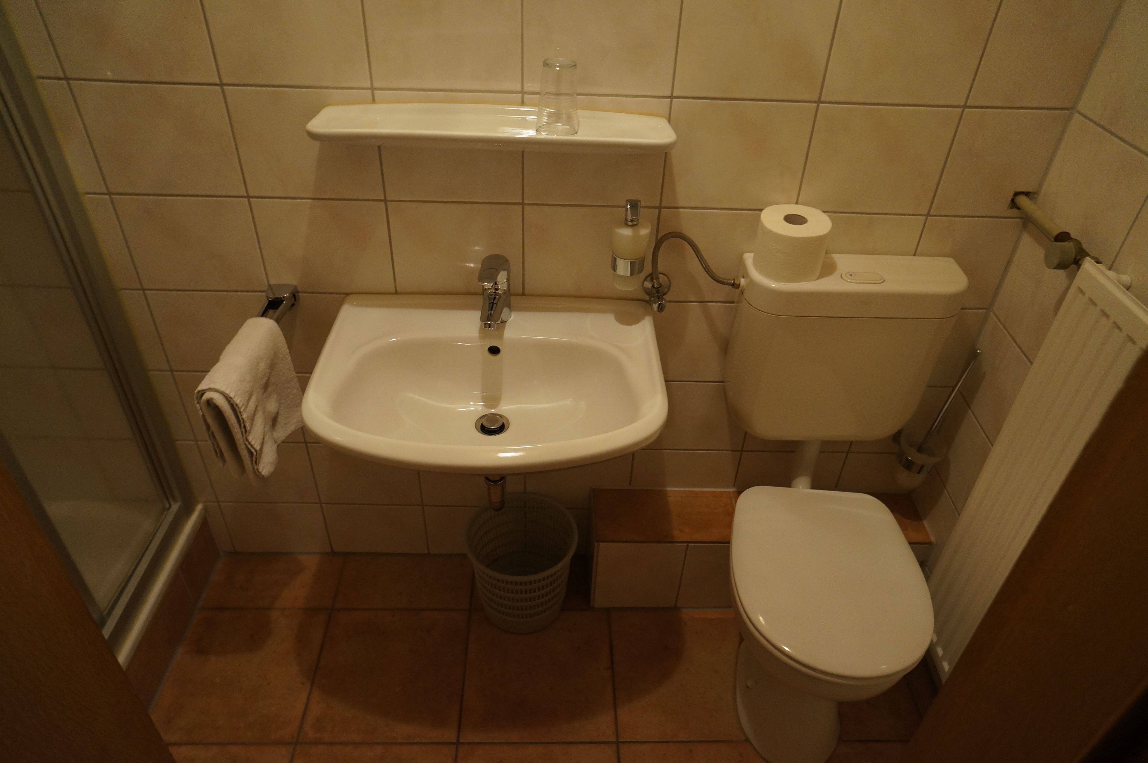 A bathroom with a sink, toilet, and a shower area.
