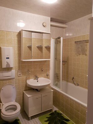 Combined shower/tub, hair dryer, towels, soap