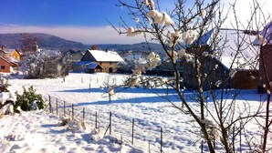 Un paysage enneigé avec des maisons et une clôture.