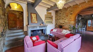 Smart TV, fireplace, books